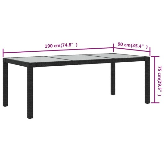 vidaXL Hagebord 190x90x75 cm herdet glass og polyrotting svart