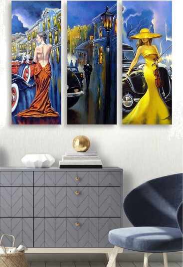 Trelerretsbilde 3 delt 50x70 cm Elegante kvinner i fargerike kjoler foran klassiske biler Gul / Oransje / Blå