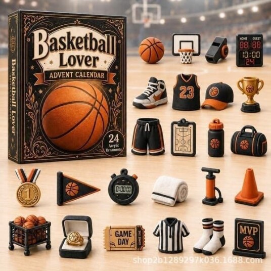 2026 Sports Julekalender 24 dagers Hengende Akryl Nedtelling Dekorasjoner Kreativ Sportstema Jul Svart og Gul Basketball