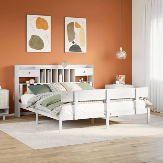  Seng med bokhylle uten madrass hvit 180x200 cm heltre furu 8721158606280