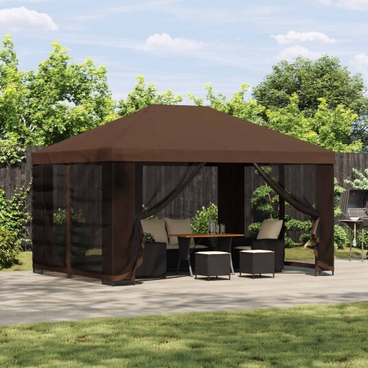 vidaXL Hagepaviljong med sidevegger 4 × 3 m Brun Polyester og stål