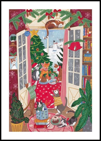 Cats in the Window at a Snowy Christmas in Bright Colours Plakat Plakat / 40x50cm