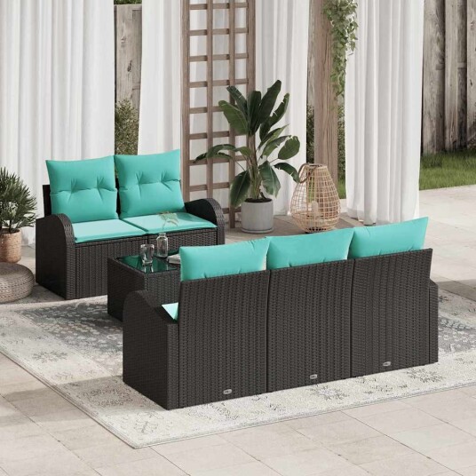 vidaXL Hagesofa Set 6 pcs Svart og turkis Polyrotting Stål og Glass