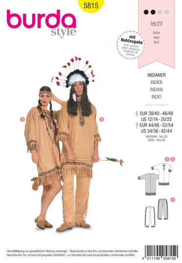 Burda 5815 - Amerikansk urfolk Kvinne: 38-48, Herre: 44-54 Burda 5815 - Amerikansk urfolk Kvinne: 38-48, Herre: 44-54