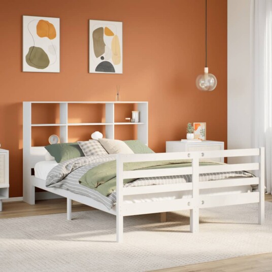 Seng med bokhylle uten madrass hvit 120x200 cm heltre furu