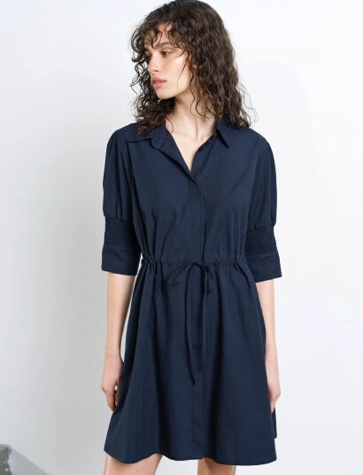 French Connection Cambria Cotton Cinchd Wst Dres Navy S