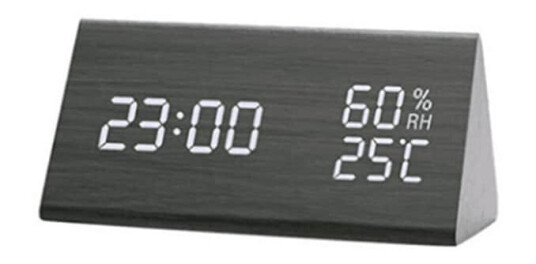 Vekkerklokke i tre med LED-skjerm, termometer, fuktighetsmåler