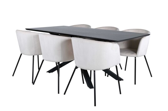 Venture Design Piazza & Berit spisegruppe Beige/svart 6 stoler & bord 180 x 90 cm
