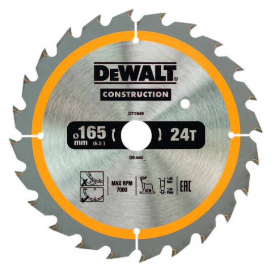 Dewalt 165 mm Sirkelsagklinge 24T for Tre - DT1949
