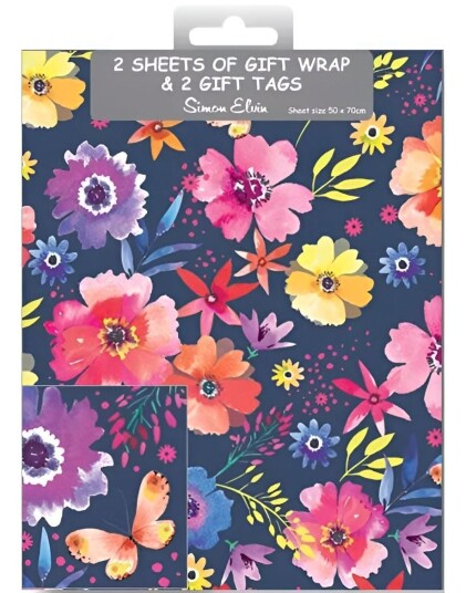 2 stk Svarte Blomstrete Gavepapir med 2 stk Navnelapper 50x70cm