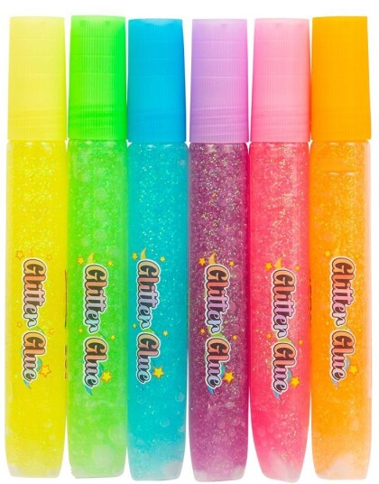 6 stk Tuber med Fargerikt Neon Glitterlim