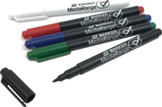 MediaRange Permanent Merkepennsett 0,7 mm Rød/Grønn/Blå/Sort/Svamp 5 stk. MediaRange Permanent Merkepennsett 0,7 mm Rød/Grønn/Blå/Sort/Svamp 5 stk.