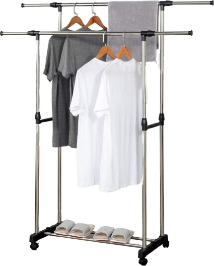 Herzberg HG 03251: Justerbar dobbel stang rullende klesstativ