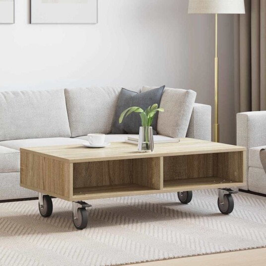 vidaXL Sidebord med hjul Sonoma eik 90 x 50 x 30 cm Konstruert tre