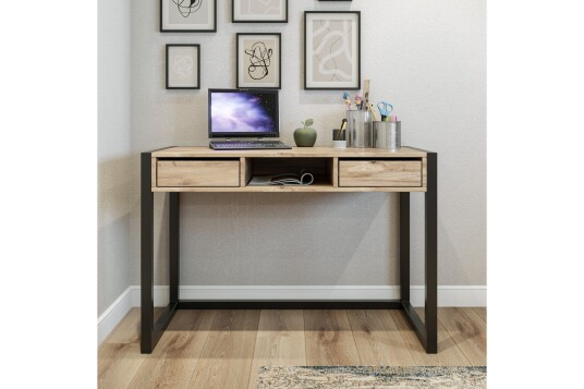 Skrivebord Shatz 115 cm med Oppbevaring Skuffer + Hylle Tre/Natur/Svart