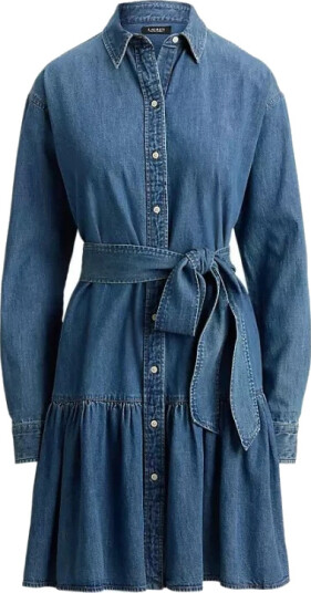 Lauren Ralph Lauren Belted Denim Tiered Shirtdress Blue 44