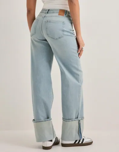 Pieces   Blå   Pcsilke Mw Fold Up Denim Jeans