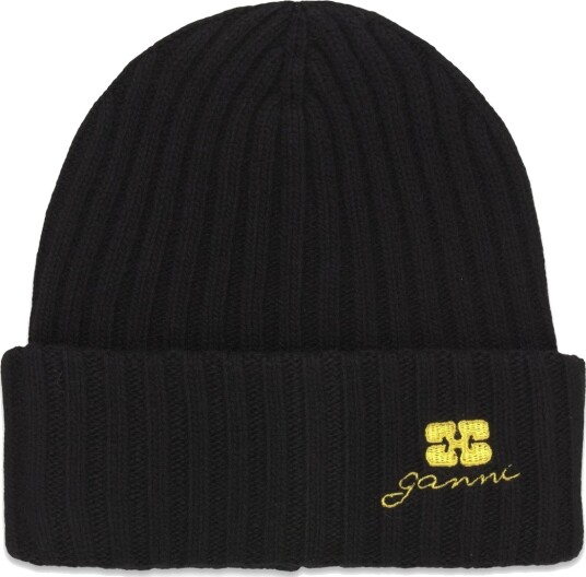 Ganni Ribbed Knit Wool Blend Beanie Black ONE SIZE Ganni Ribbed Knit Wool Blend Beanie Black ONE SIZE