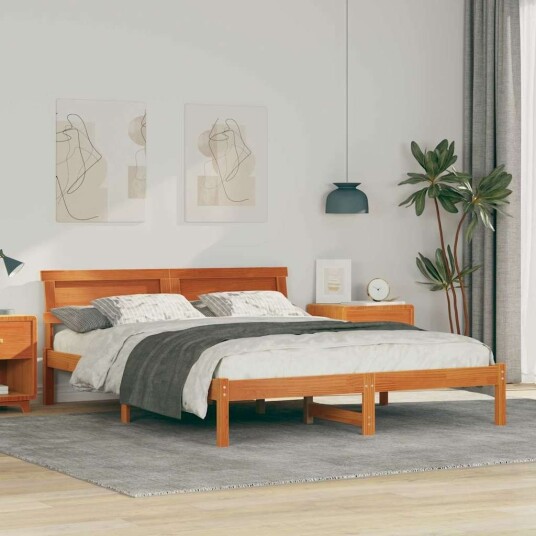  Sengestamme med LED  stripelys med hodegjerde Voksbrun 160 x 200 cm Furu tre