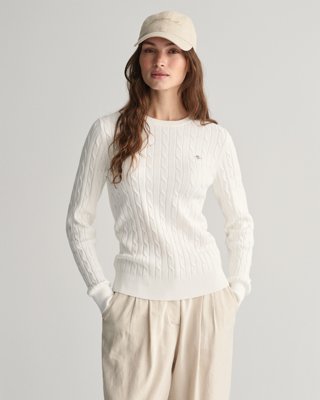 Kabelstrikket bomullsgenser med stretch EGGSHELL L