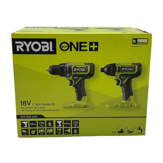 Ryobi RCK182G 220S Kombosett Drill & Slagskrutrekker 18V Ryobi RCK182G 220S Kombosett Drill & Slagskrutrekker 18V
