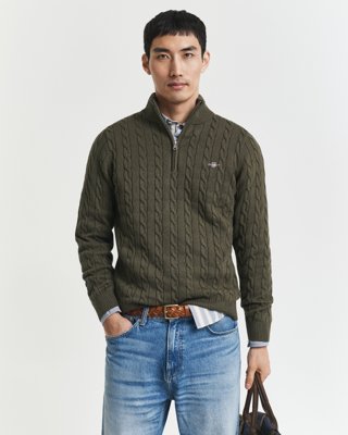 Gant Kabelstrikket genser med half zip KHAKI GREEN MELANGE XXL Gant Kabelstrikket genser med half zip KHAKI GREEN MELANGE XXL