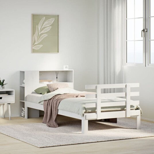 Seng med bokhylle uten madrass hvit 75x190 cm heltre furu 3322730