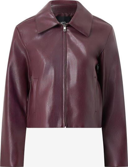 Mango Faux Leather Zip Up Jacket Burgundy M