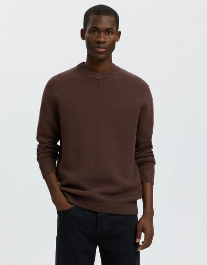 Selected Slmdane Ls Knit Structure Crew Neck Noos   Brown   XL