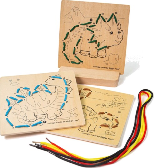 Bigjigs Snørelek Dinosaurer - 3 Treplater med Dinosaurer 6 Fargede Snorer - Fra 3 år