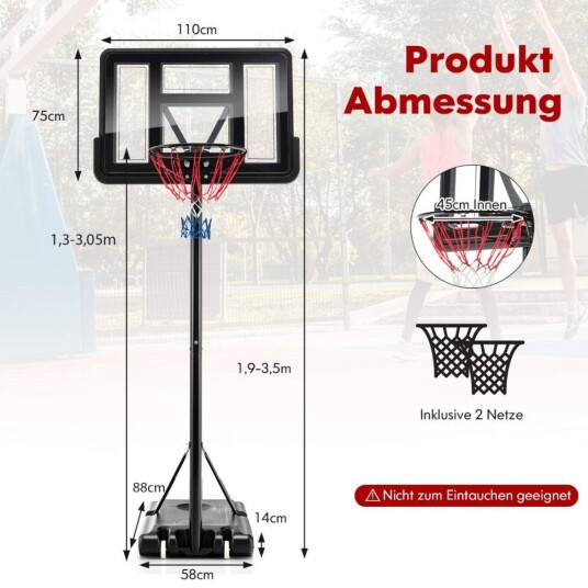 130 cm   305 cm høydejusterbar basketballkurv med stativ og 2 hjul kurvstativ svart