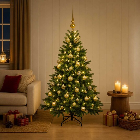 vidaXL Kunstig juletre med julekuler 150 cm 150 LED-lys Varmhvit