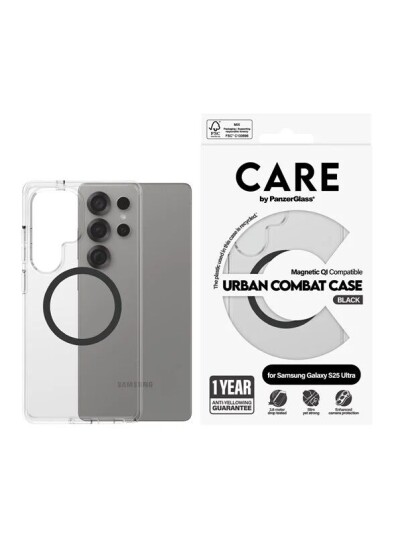 Care By PanzerGlass Urban Combat Baksidedeksel til Samsung Galaxy S25 Ultra Qi-kompatibel - Gjennomsiktig/Svart