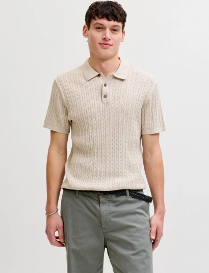 Jack & Jones Jjeemil Knit Cable Polo Ss Ln   CreaM