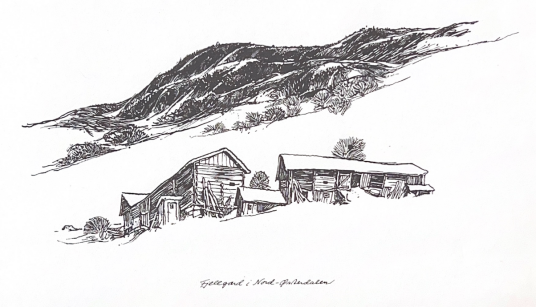 Fjellgård i Nord Østerdalen Vintage tegning Fjellgård i Nord Østerdalen Vintage tegning