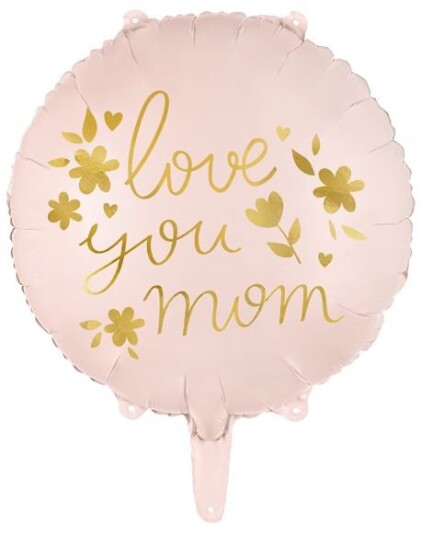 Love You Mom Rund Askerosa Folieballong med Gullskrift 35 cm