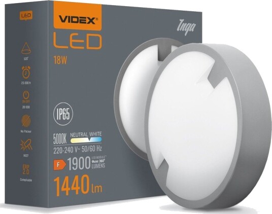 Videx 18W Inga LED bulkhead tak/vegglampe   IP65 1440lm 5000K Ø22cm hvit kant utendørs/våtrom   Kulør : Nøytral