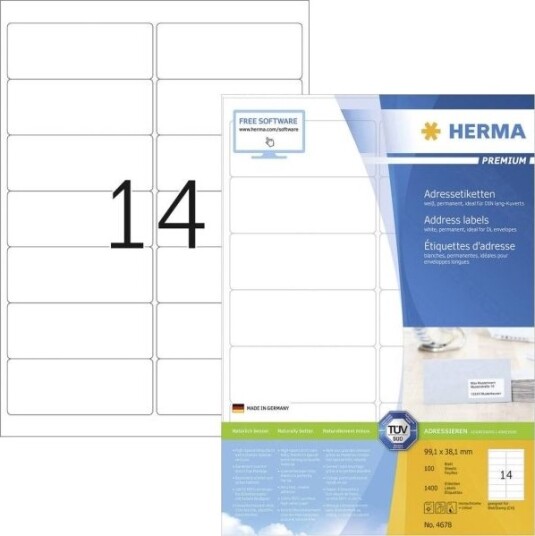 Herma Premium - Papir - Matt - Permanent Selv-Adhesiv - Hvit - 99.1 X 38.1 Mm 1400 Etikett(Er) (100 Ark X 14) Laminerte Adresseetiketter