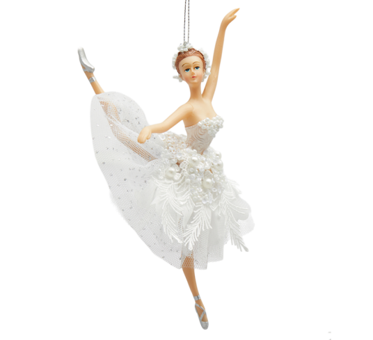 Juletrepynt ballerina med perlehårbånd bak snor 18 cm hvit