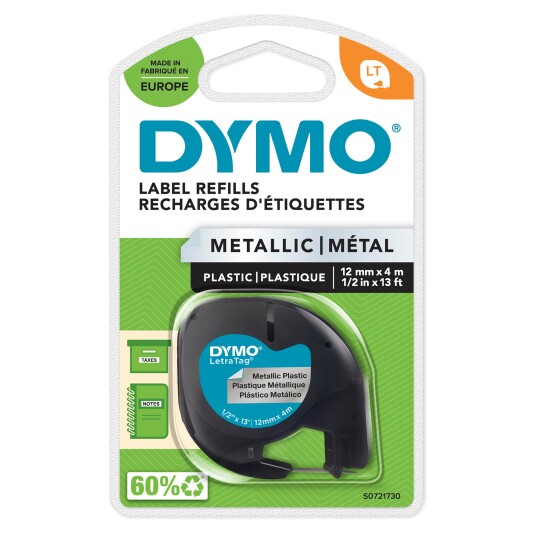 DYMO Letratag plasttape, sort på metallic sølv, 12mm x 4m rull, selvklebende
