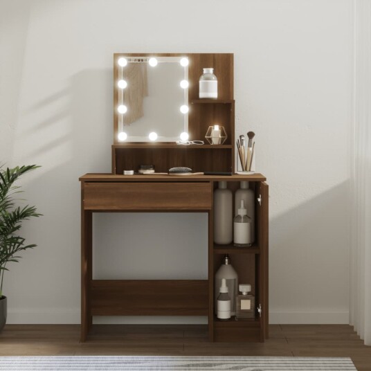 vidaXL Sminkebord med LED brun eik 86,5x35x136 cm vidaXL Sminkebord med LED brun eik 86,5x35x136 cm