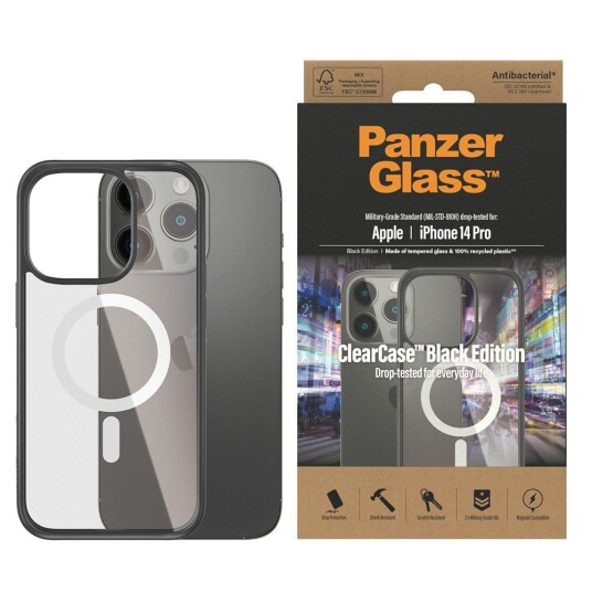 PanzerGlass iPhone 14 Pro Deksel PanzerGlass AntiBacterial ClearCase - MagSafe-kompatibel - Svart Kant