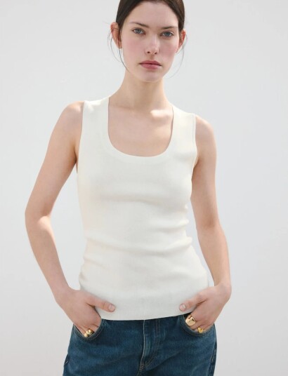 Mango Round Neck Knitted Top Cream L