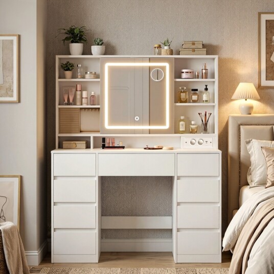 Sminkebord med LED speil 40 x 110 cm / toalettbord med stikkontakt / hvitt makeupbord med 9 skuffer
