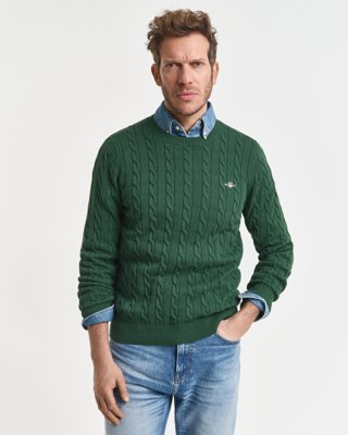 Gant Kabelstrikket genser i bomull med rund hals FOREST GREEN XXL