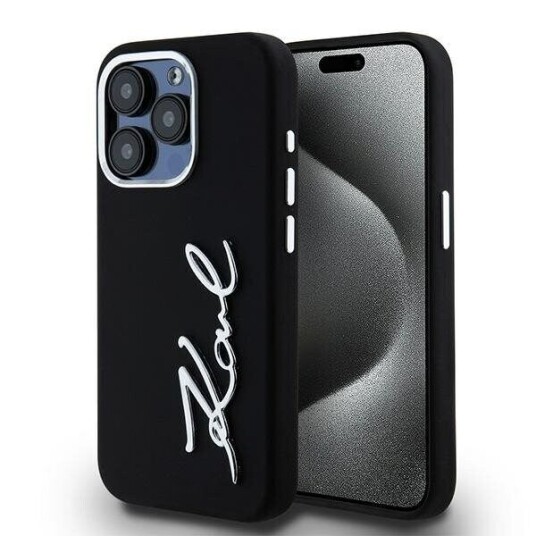Karl Lagerfeld iPhone 15 Pro Hardcase Silikon Deksel med Metallskrift Logo - Svart