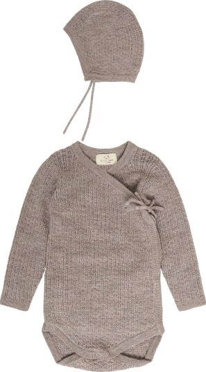 Copenhagen Colors 2 Pack Merino Pointelle Baby Cross Over & Baby Bonnet Hat   NATURAL MELANGE   50/56/0 1M
