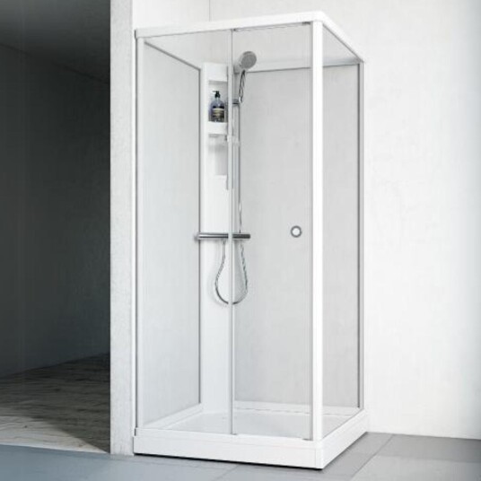 Macro Flow Front Dusjkabinett, m/armatur 81x81 cm, Hvit/Klarglass, Klar bakvegg