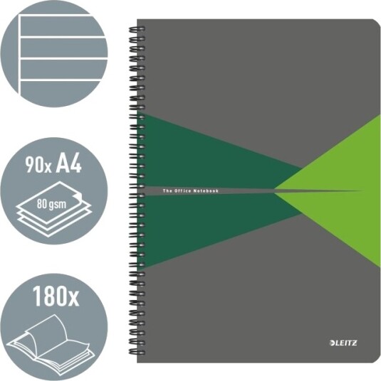 Leitz Office   Notisbok   Spiralbundet   A4 210 X 297 Mm   90 Ark / 180 Sider   Lined   Grønn   Polypropylen Pp