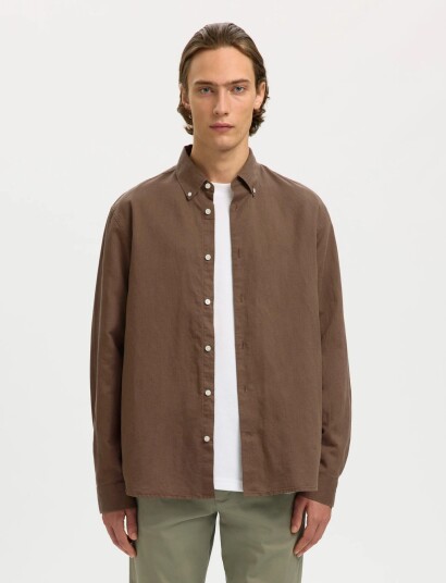 Selected Slmregclay Linenblend Ls Shirt Cla Noos Brown L